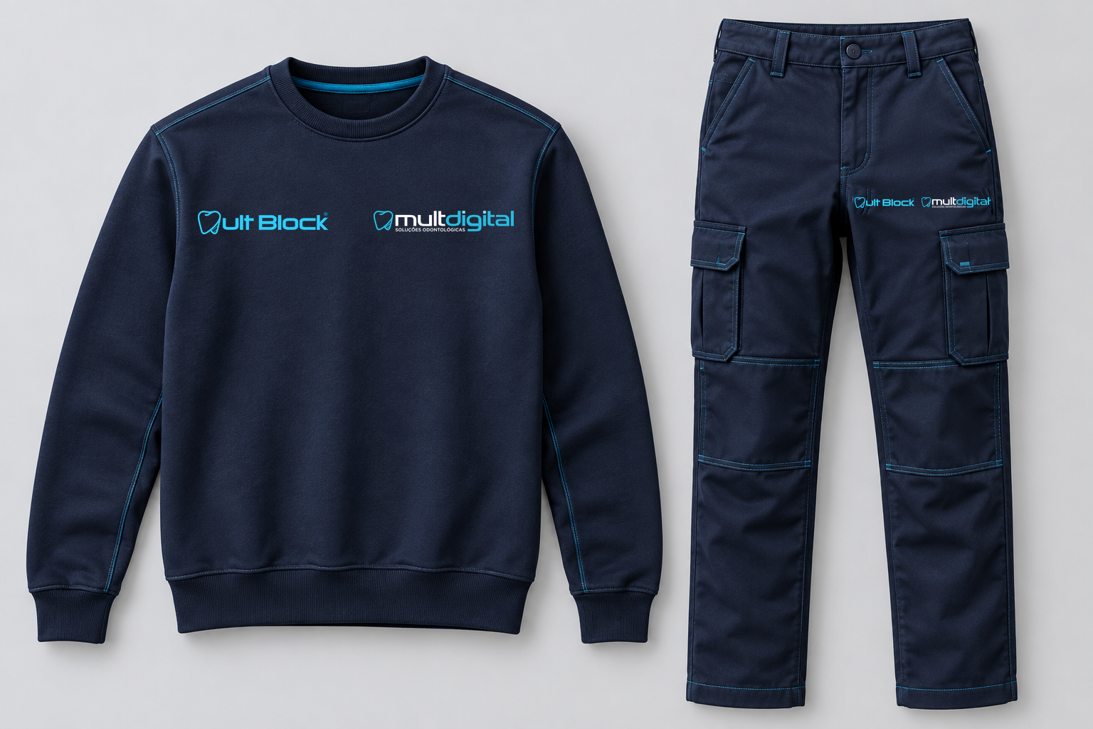 Calça e blusa com os logos MultBlock e Multdigital